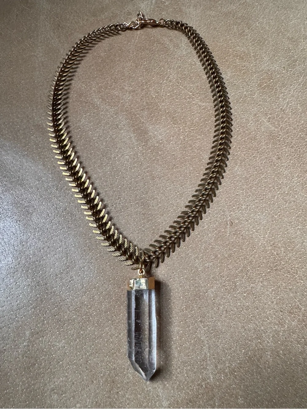 Crystal Quartz pendant necklace gold brass Fishbone chain